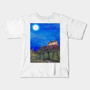 Edinburgh Castle By Night Retro Inspired Style Illustration Kids T-Shirt